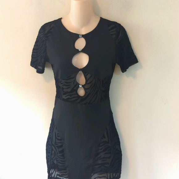 YG Collection Black Cut Out Mesh Zebra Print Mini Dress L - Picture 6 of 16